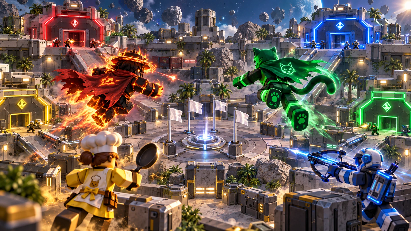 Basewars concept art: colorful teams contest four white flags in a futuristic arena
